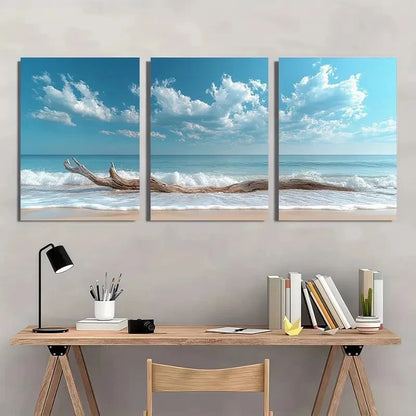3pcs Bright Blue Sky and Ocean Waves Wall Art Set Canvas Framed 40x60cm - High Quality Print 100% Australian Made Wall Canvas Ready to Hang