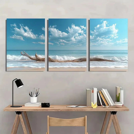 3pcs Bright Blue Sky and Ocean Waves Wall Art Set Canvas Framed 40x60cm - High Quality Print 100% Australian Made Wall Canvas Ready to Hang