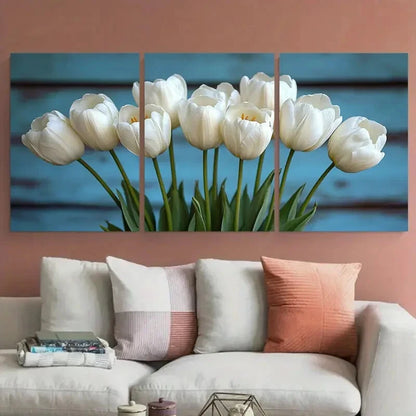 3pcs Elegant White Tulips with Leaves Illustration Metal Print Ready to Hang Art