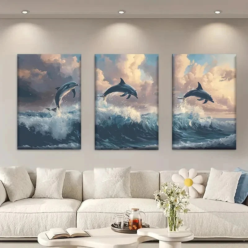 3pcs Ocean Dolphins Jumping in Sea Metal Print Ready to Hang Art