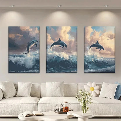3pcs Ocean Dolphins Jumping in Sea Metal Print Ready to Hang Art