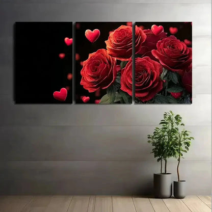 3pcs Red Roses Bouquet with Hearts Floral Painting Metal Print Ready to Hang Art