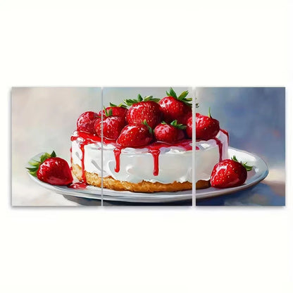3pcs Strawberry Cake Impasto Metal Print Ready to Hang Art