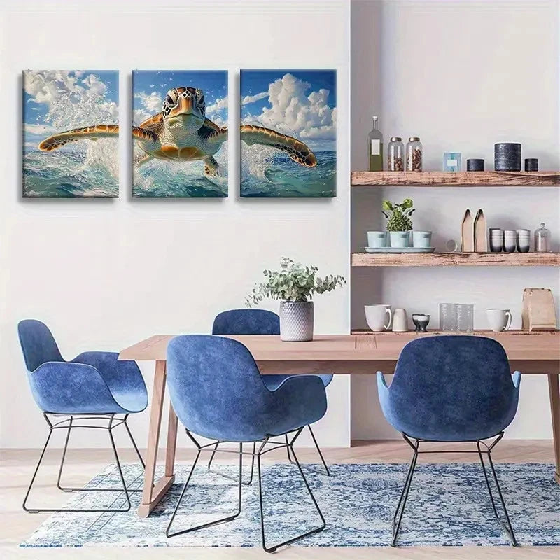 3pcs Marine Life Turtle Jumping Wave Metal Print Ready to Hang Art