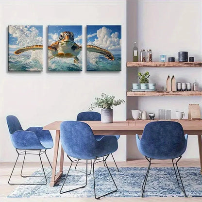 3pcs Marine Life Turtle Jumping Wave Metal Print Ready to Hang Art