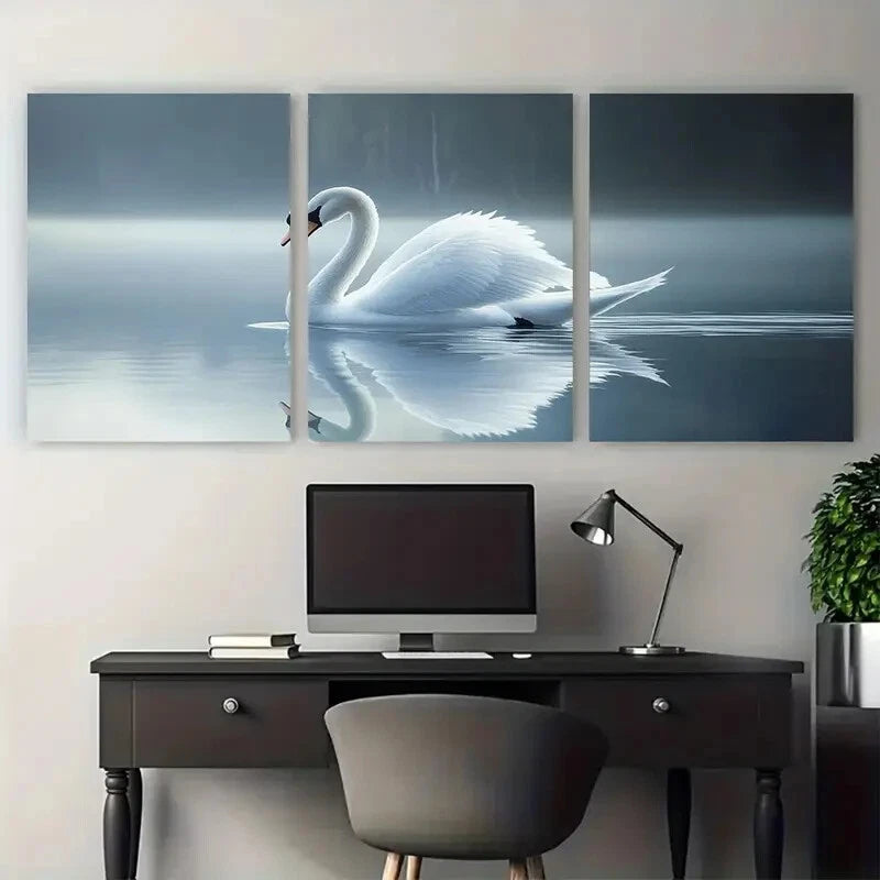 3pcs Elegant White Swan with lake Metal Print Ready to Hang Art