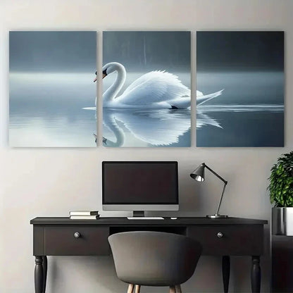 3pcs Elegant White Swan with lake Metal Print Ready to Hang Art
