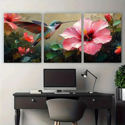 3pcs Hummingbird Hibiscus Florals Impasto Design Metal Print Ready to Hang Art