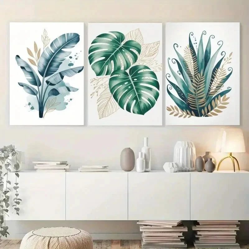 3pcs Monstera Leaves Palm Leaves Golden Accents Metal Print Ready to Hang Art