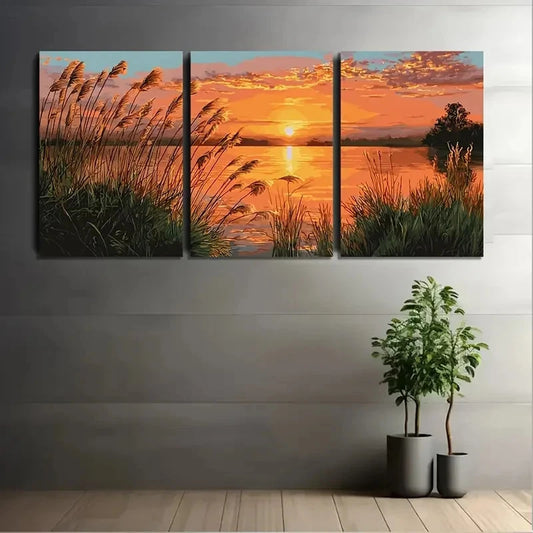 3pcs Serene Lake Glory Sunset Landscape Wall Art Set Canvas Framed 50x70cm - High Quality Print 100% Australian Made Wall Canvas Ready to Hang