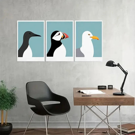 3pcs Seagull Puffin Guillemot Wall Art Metal Print Ready to Hang Art