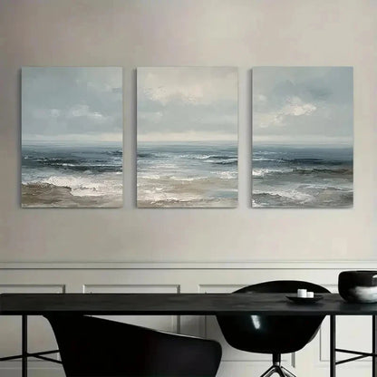 3pcs Ocean Waves Blue Gray Beige & Brown Coastal Metal Print Ready to Hang Art