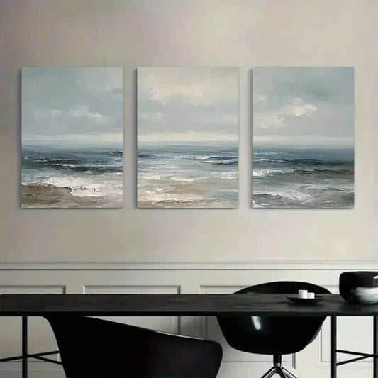 3pcs Ocean Waves Blue Gray Beige & Brown Coastal Metal Print Ready to Hang Art