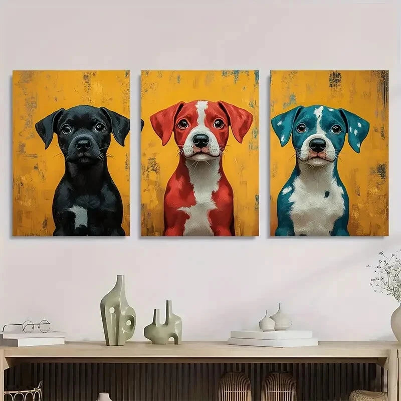 3pcs Red Black Yellow Blue Whimsical Puppies Metal Print Ready to Hang Art