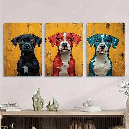 3pcs Red Black Yellow Blue Whimsical Puppies Metal Print Ready to Hang Art