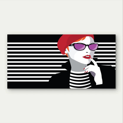Pop Art Woman with Red Beret Wall Art Canvas Office Home Framed 120x60cm