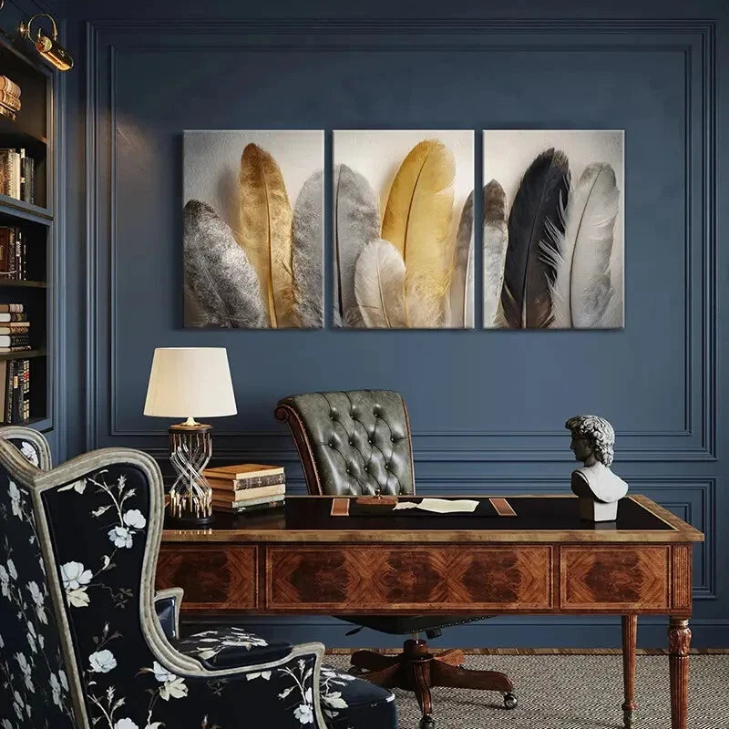 3pcs Feather Arrangement Elegant Natural Texture Metal Print Ready to Hang Art
