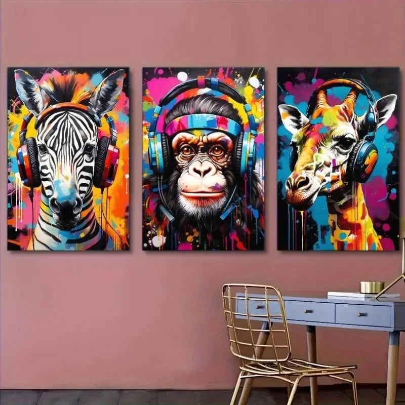 3pcs Headphones Giraffe Zebra Chimpanzee Colorful Metal Print Ready to Hang Art