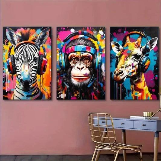 3pcs Headphones Giraffe Zebra Chimpanzee Colorful Metal Print Ready to Hang Art