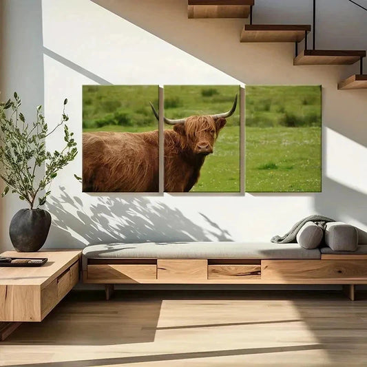 3pcs Highland Cattle Animal Portrait Wall Art Set Canvas Framed 40x60cm - High Quality Print 100% Australian Made Wall Canvas Ready to Hang