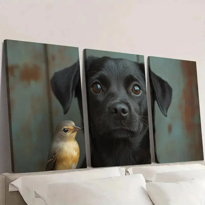 3pcs Black Dog with Bird, Rustic H Wall Art Set Canvas Framed 40x60cm - High Quality Print 100% Australian Made Wall Canvas Ready to Hang