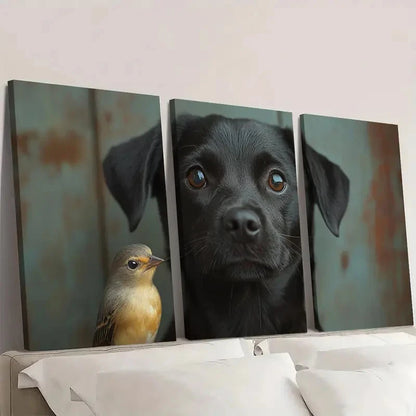 3pcs Black Dog with Bird, Rustic H Wall Art Set Canvas Framed 40x60cm - High Quality Print 100% Australian Made Wall Canvas Ready to Hang