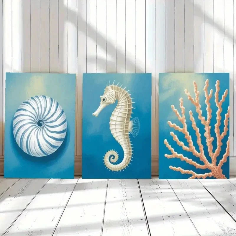 3pcs Seashell Seahorse Coral Decorations Metal Print Ready to Hang Art