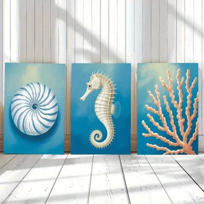 3pcs Seashell Seahorse Coral Decorations Metal Print Ready to Hang Art