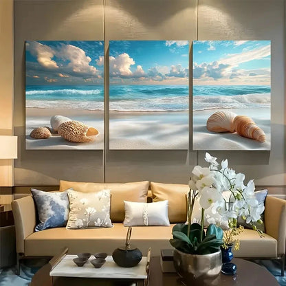 3pcs Sea Shells On White Sand Beach Metal Print Ready to Hang Art