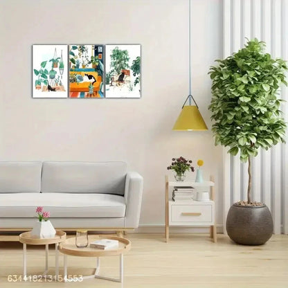 3pcs Cat and Plant Art Decoration Poster Metal Print Ready to Hang Art