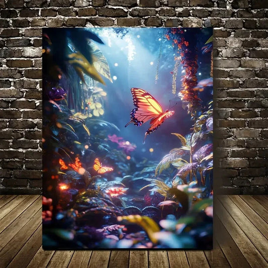 Beautiful Vibrant Butterfly Jungle Painting 40x60cm Metal Print Ready to Hang