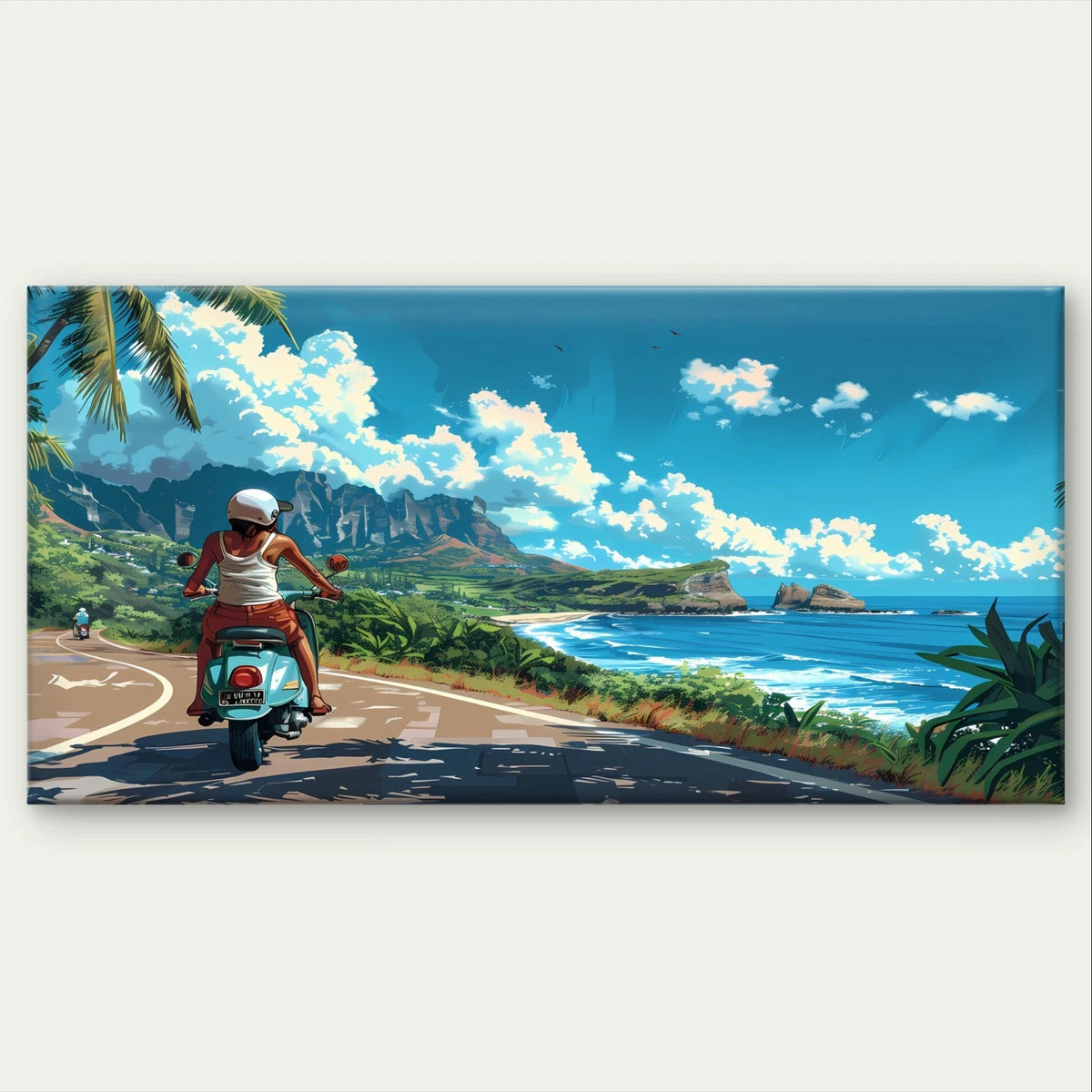 Scooter Rider on a Coastal Road Wall Art Canvas Office Home Framed 120x60cm