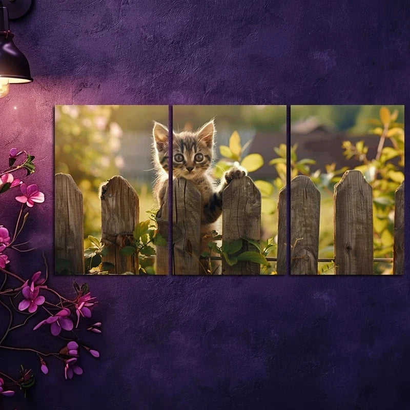 3pcs Charming Kitten at the Fence Metal Print Ready to Hang Art