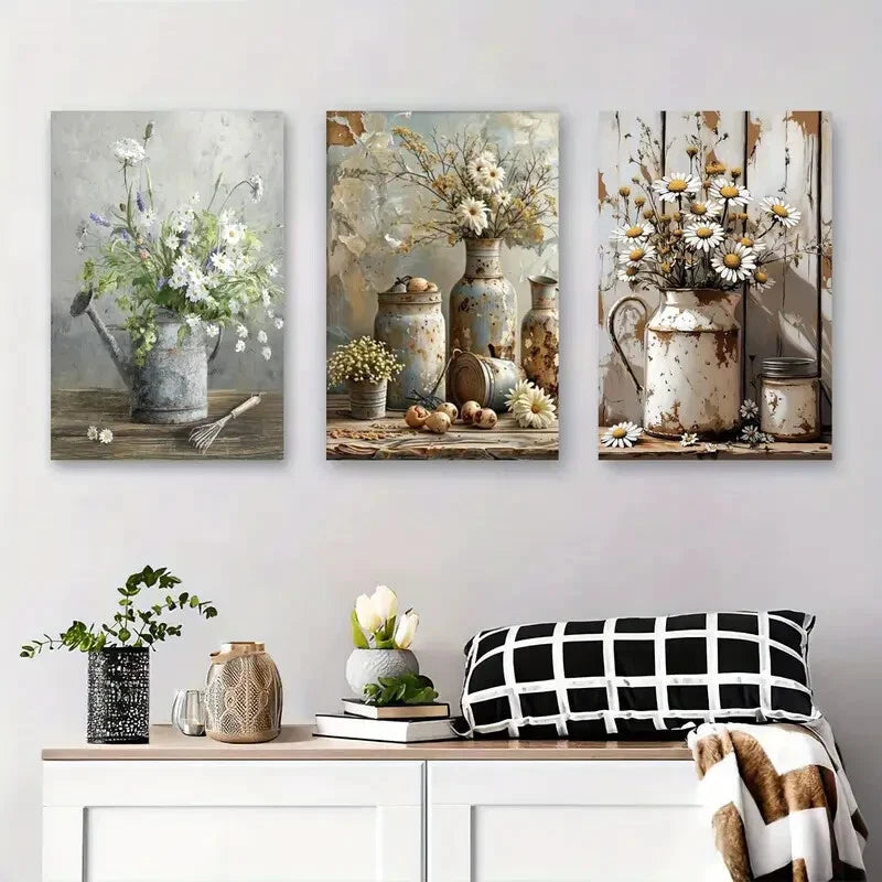 3pcs Vintage Style Floral Daisy Flower Metal Print Ready to Hang Art