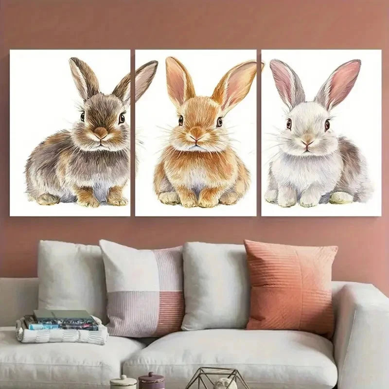 3pcs Adorable Bunny in Soft Pastel Hues Design Metal Print Ready to Hang Art