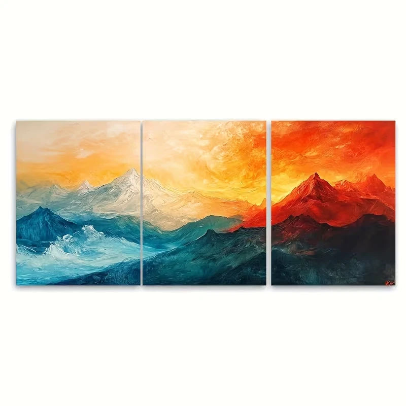 3pcs Vibrant Sunset & Snowy Peaks Metal Print Ready to Hang Art