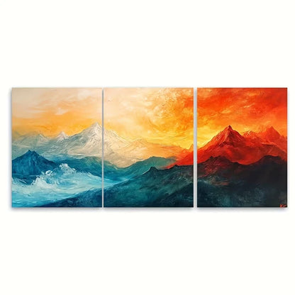 3pcs Vibrant Sunset & Snowy Peaks Metal Print Ready to Hang Art