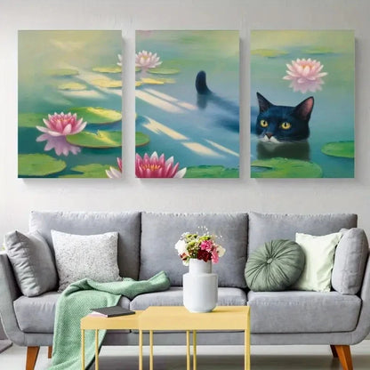 3pcs Vibrant Nature Black Cat & Water Lilies Metal Print Ready to Hang Art