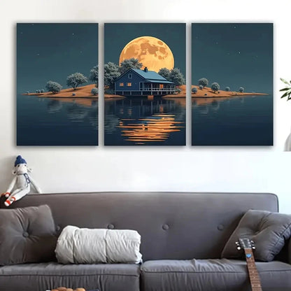 3pcs Moonlit House and Lake Night Scene Wall Art Set Canvas Framed 50x70cm - High Quality Print 100% Australian Made Wall Canvas Ready to Hang