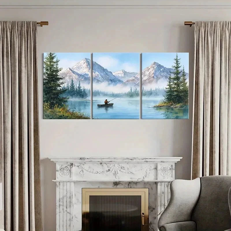 3pcs Alpine Lake Fishing Scene Mountain Metal Print Ready to Hang Art