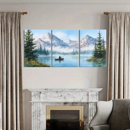 3pcs Alpine Lake Fishing Scene Mountain Metal Print Ready to Hang Art