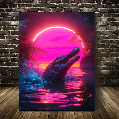 Vibrant Cyberpunk Crocodile Scene With Glow Painting 40x60cm Metal Print Ready to Hang