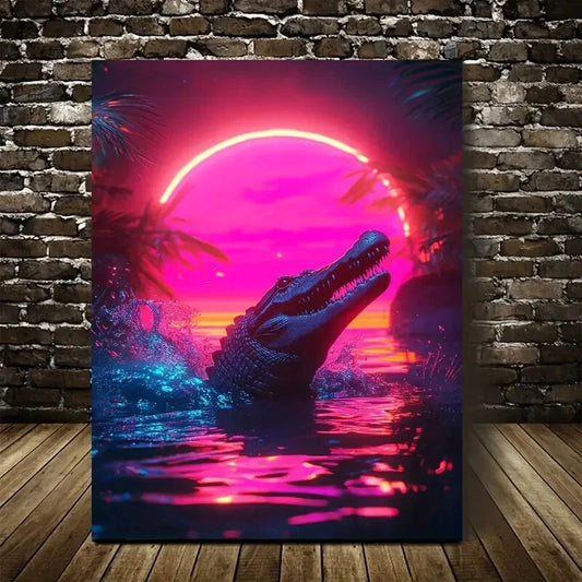 Vibrant Cyberpunk Crocodile Scene With Glow Painting 40x60cm Metal Print Ready to Hang