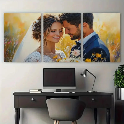 3pcs Wedding Couple Portrait Floral Design Metal Print Ready to Hang Art