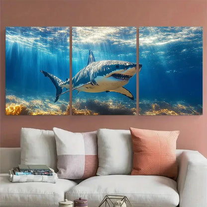 3pcs Shark Underwater with Sunlit Illustration Metal Print Ready to Hang Art