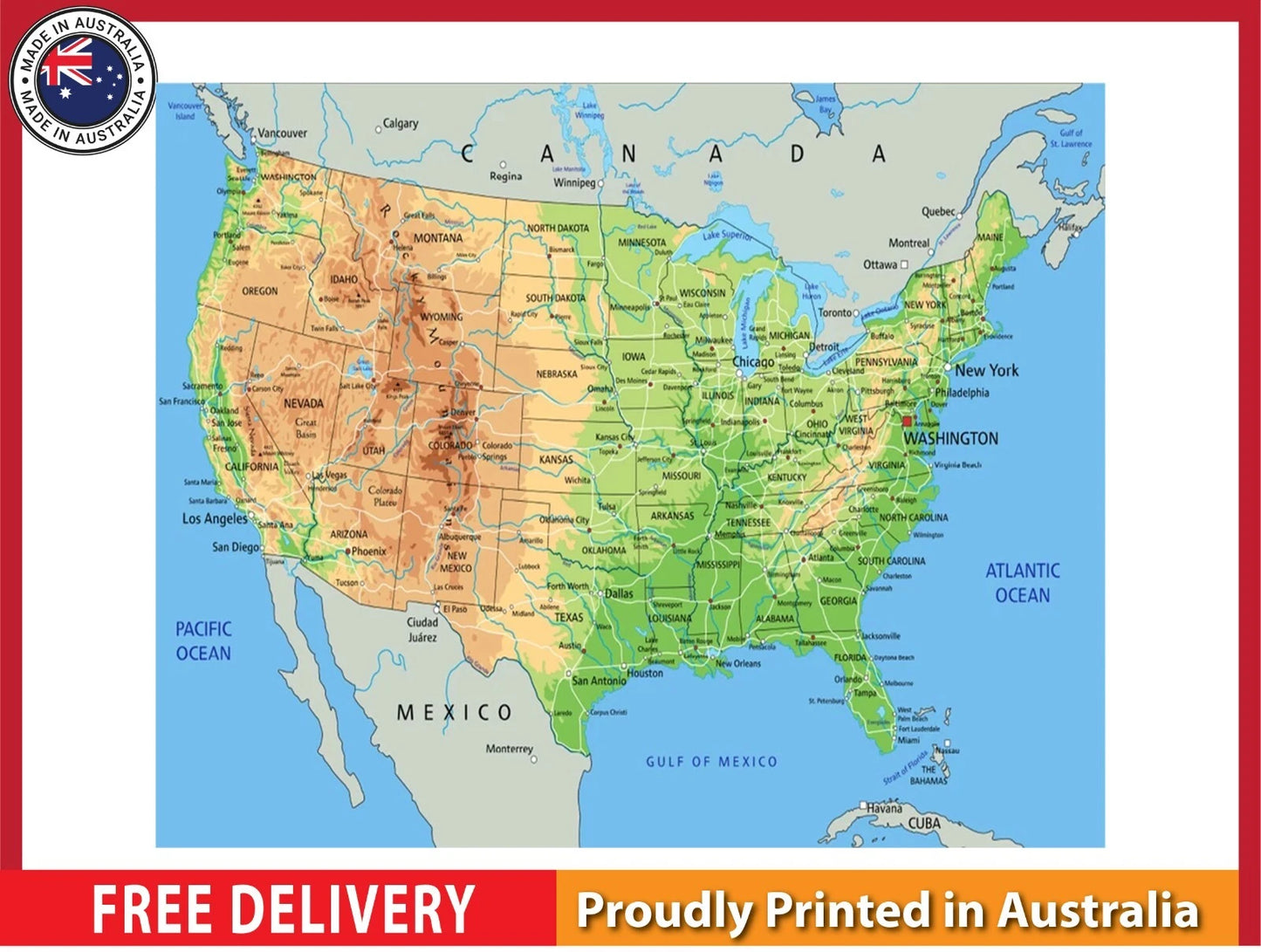 High Detailed USA Physical Map with details 91x61cm poster AU