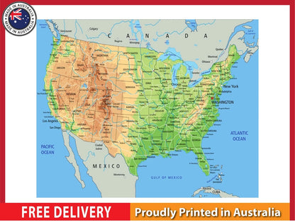 High Detailed USA Physical Map with details 91x61cm poster AU