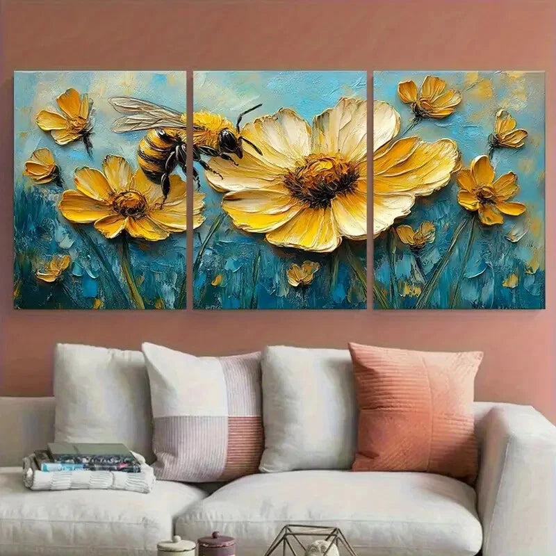 3pcs Daisy Honeybee Flowers with Blue Background Metal Print Ready to Hang Art