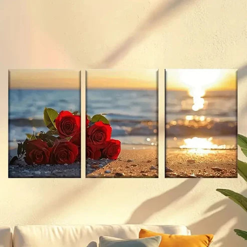 3pcs Couple of Red Roses Sitting on the Beach Wall Art Set Canvas Unframed – High Quality Print 100% Australian Made Wall Canvas