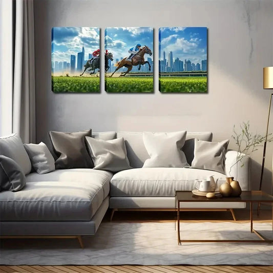 3pcs Equestrian Cityscape Lush Green Perfect Wall Art Set Canvas Framed 40x60cm - High Quality Print 100% Australian Made Wall Canvas Ready to Hang